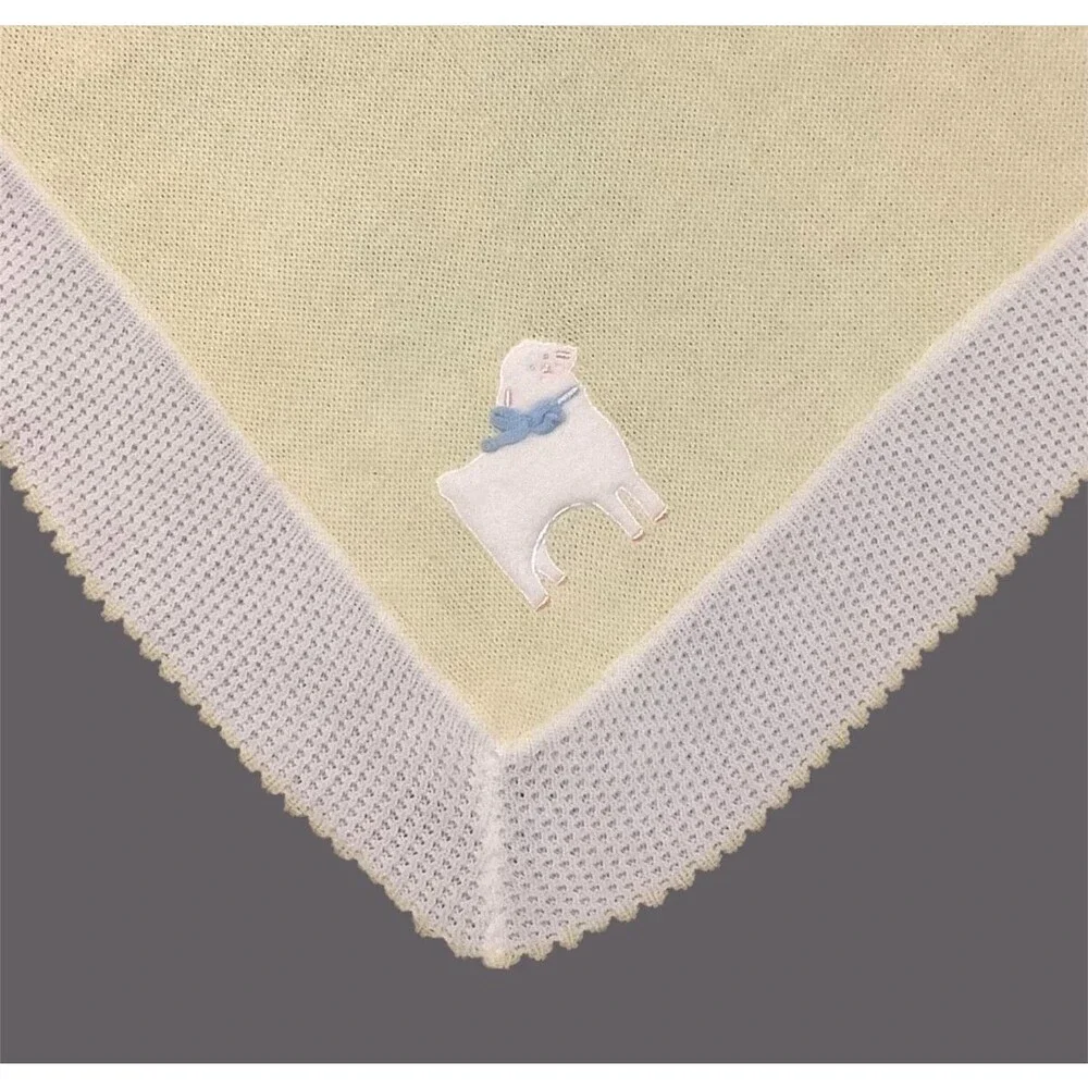 VTG Baby Kisses Yellow White Acrylic Weave Baby Baptism Blanket Embroidered Lamb